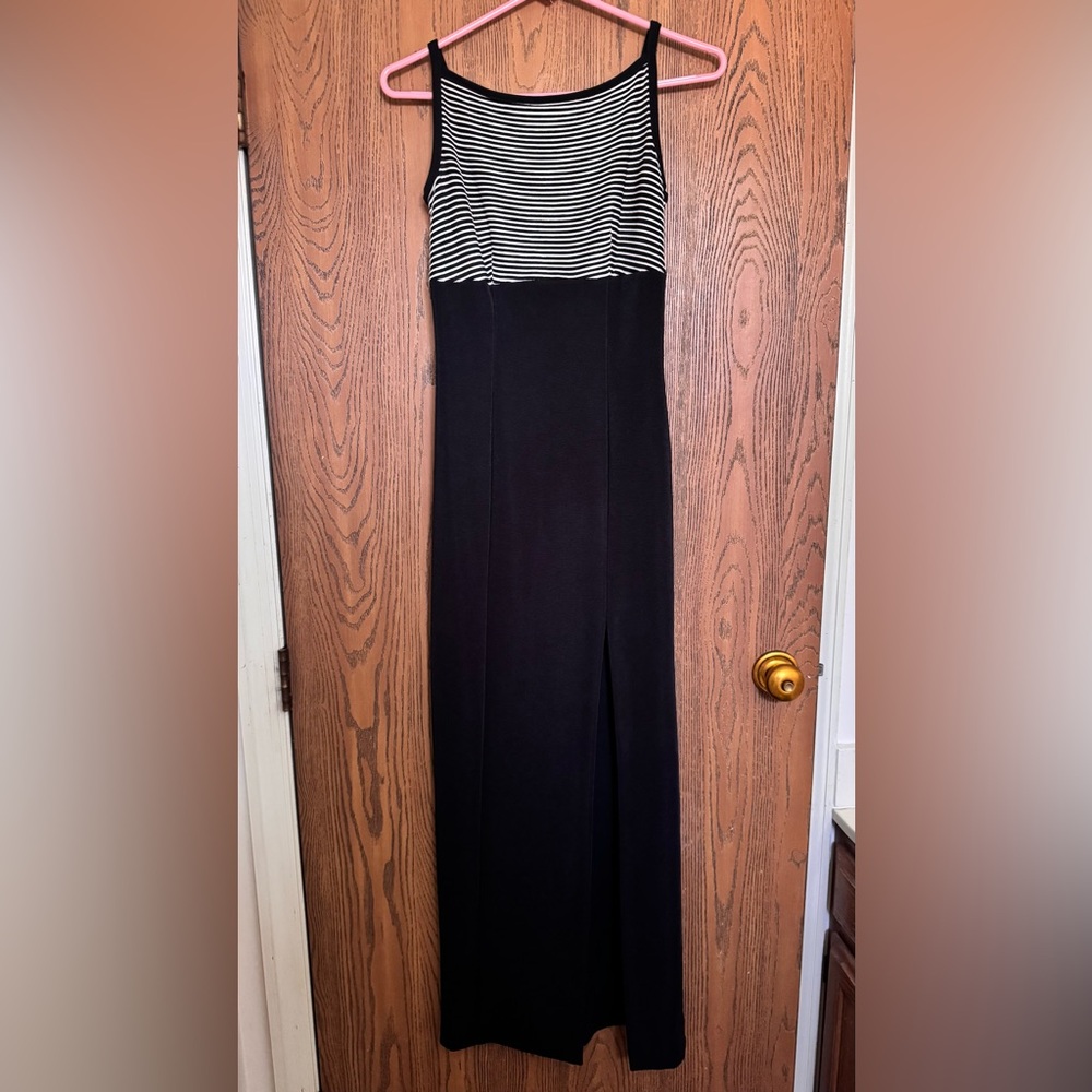 Vintage Gown Sleeveless Boat Neck Formal Maxi Dress Black White Striped Corset